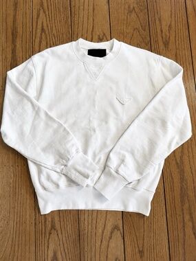 Prada Ivory Embroidered Triangle Logo French Terry Crewneck Sweatshirt Italy S